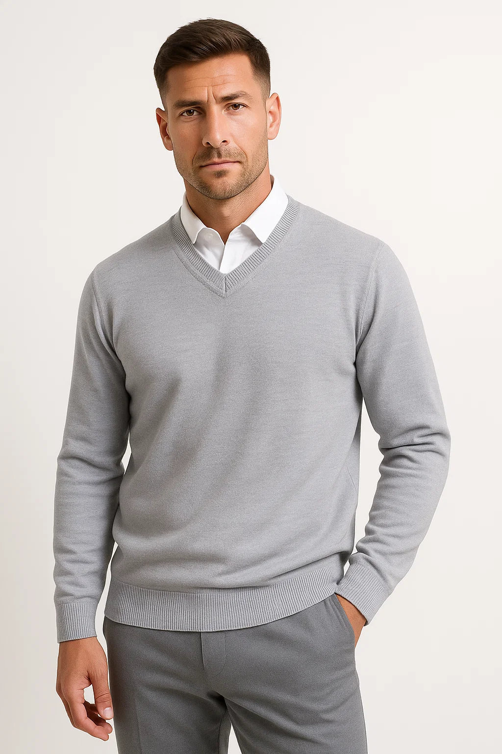 Men's V Neck Slim Fit Sweater Elegant Wool Design Casual Versatile 1