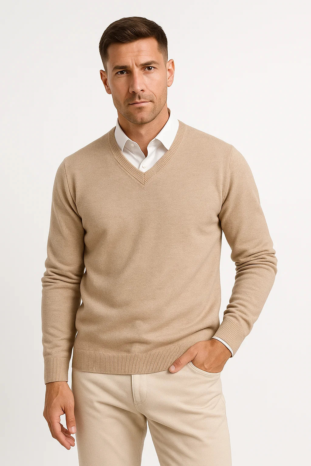 Men's V Neck Slim Fit Sweater Elegant Wool Design Casual Versatile 2