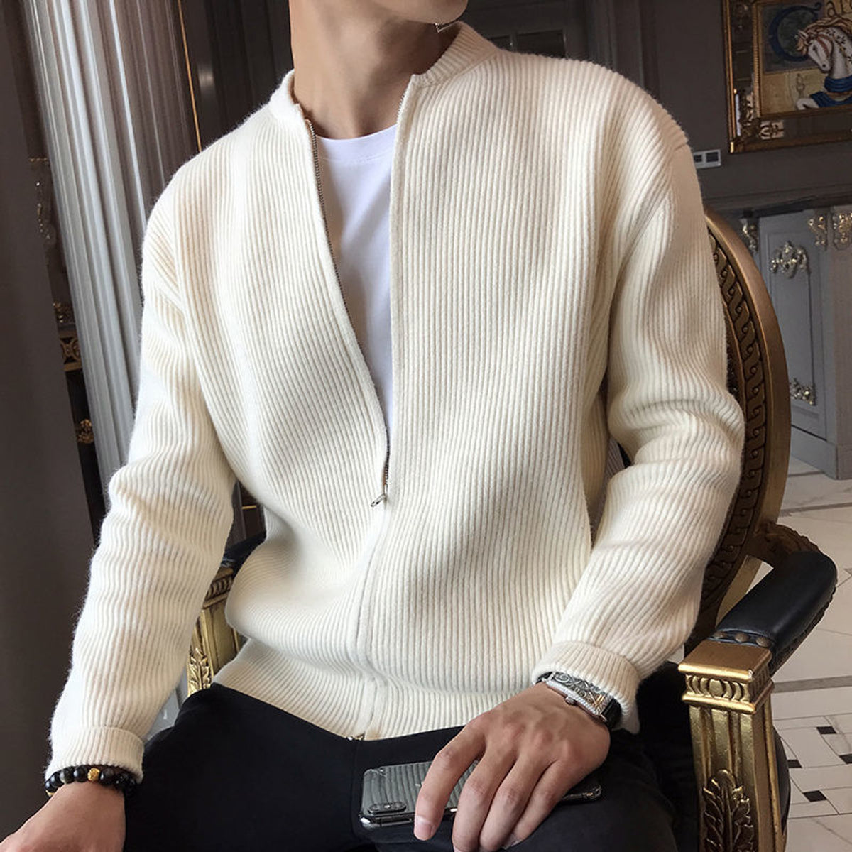 Men's Zip-Up Cardigan Sweater Black Ribbed Stylish Essential 1