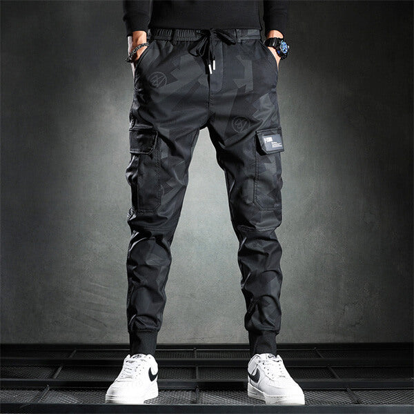Mens Black Cargo Pants - High Waist, Adjustable Drawstring, Utility Pockets 0