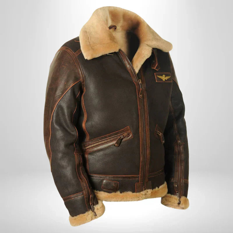 Mens Leather Aviator Jacket with Fur Collar Vintage Style Warmth 1