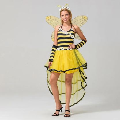 Mini Honeybee Costume Dress Women Halloween Stripes Wings Fun 5