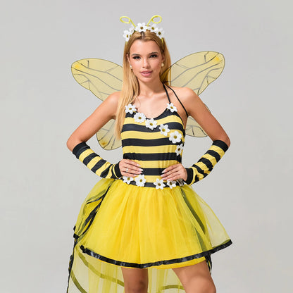 Mini Honeybee Costume Dress Women Halloween Stripes Wings Fun 6