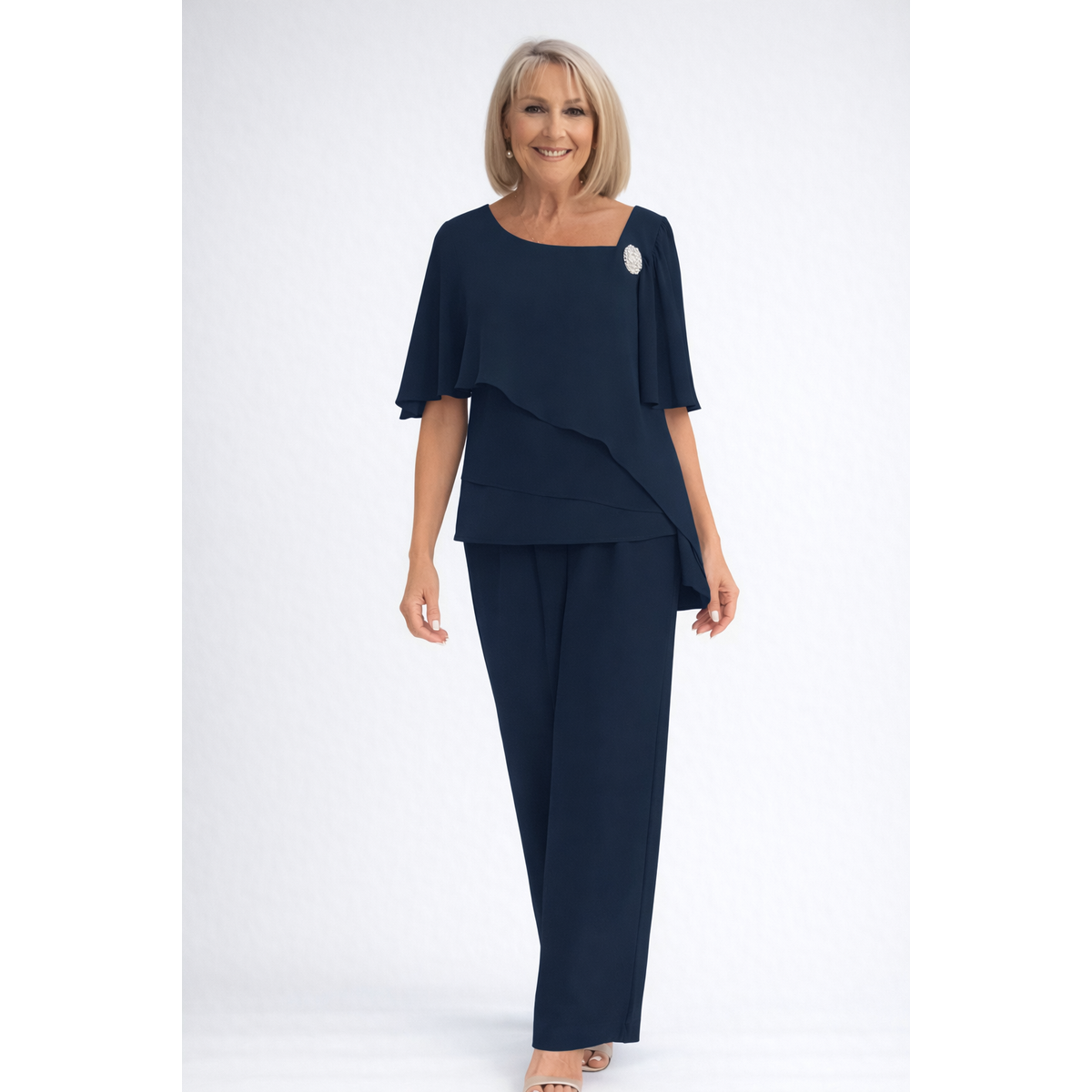 Navy Women's Two-Piece Set Overlay Top and Straight-Leg Trousers 1