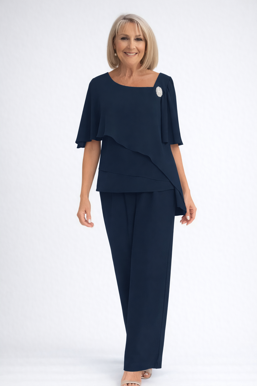 Navy Women's Two-Piece Set Overlay Top and Straight-Leg Trousers 1