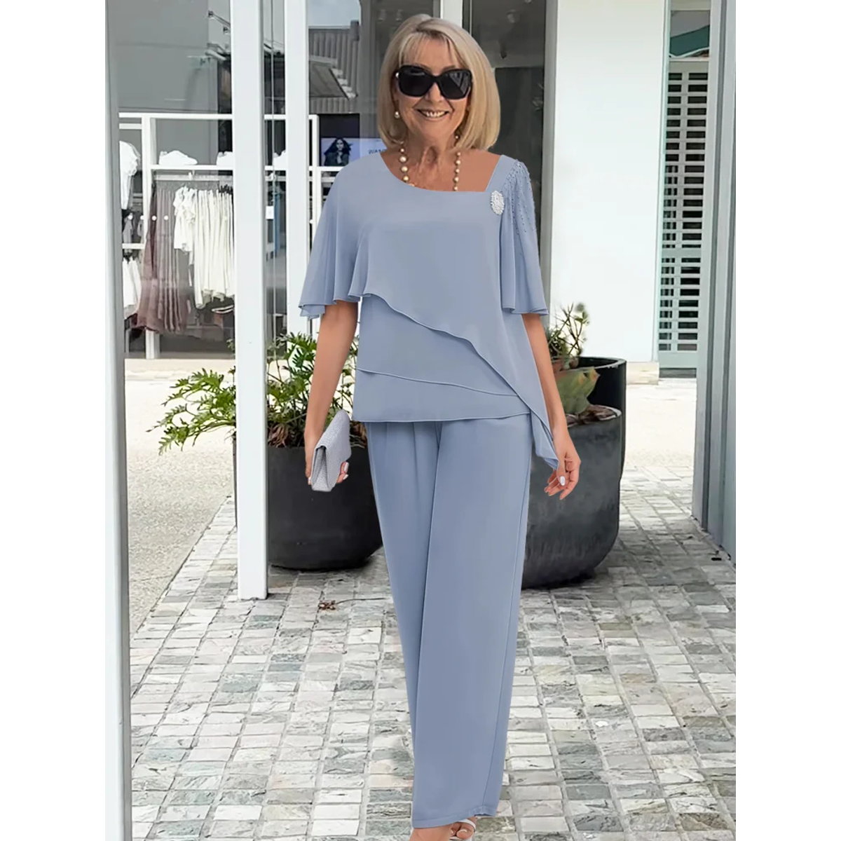Navy Women's Two-Piece Set Overlay Top and Straight-Leg Trousers 2