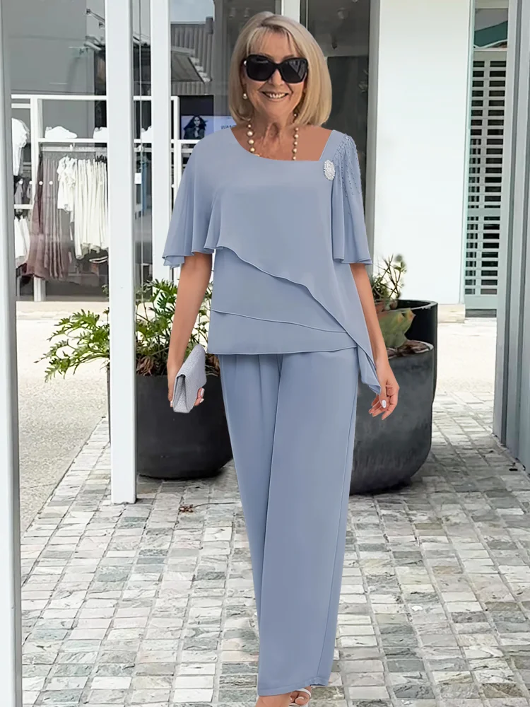 Navy Women's Two-Piece Set Overlay Top and Straight-Leg Trousers 2