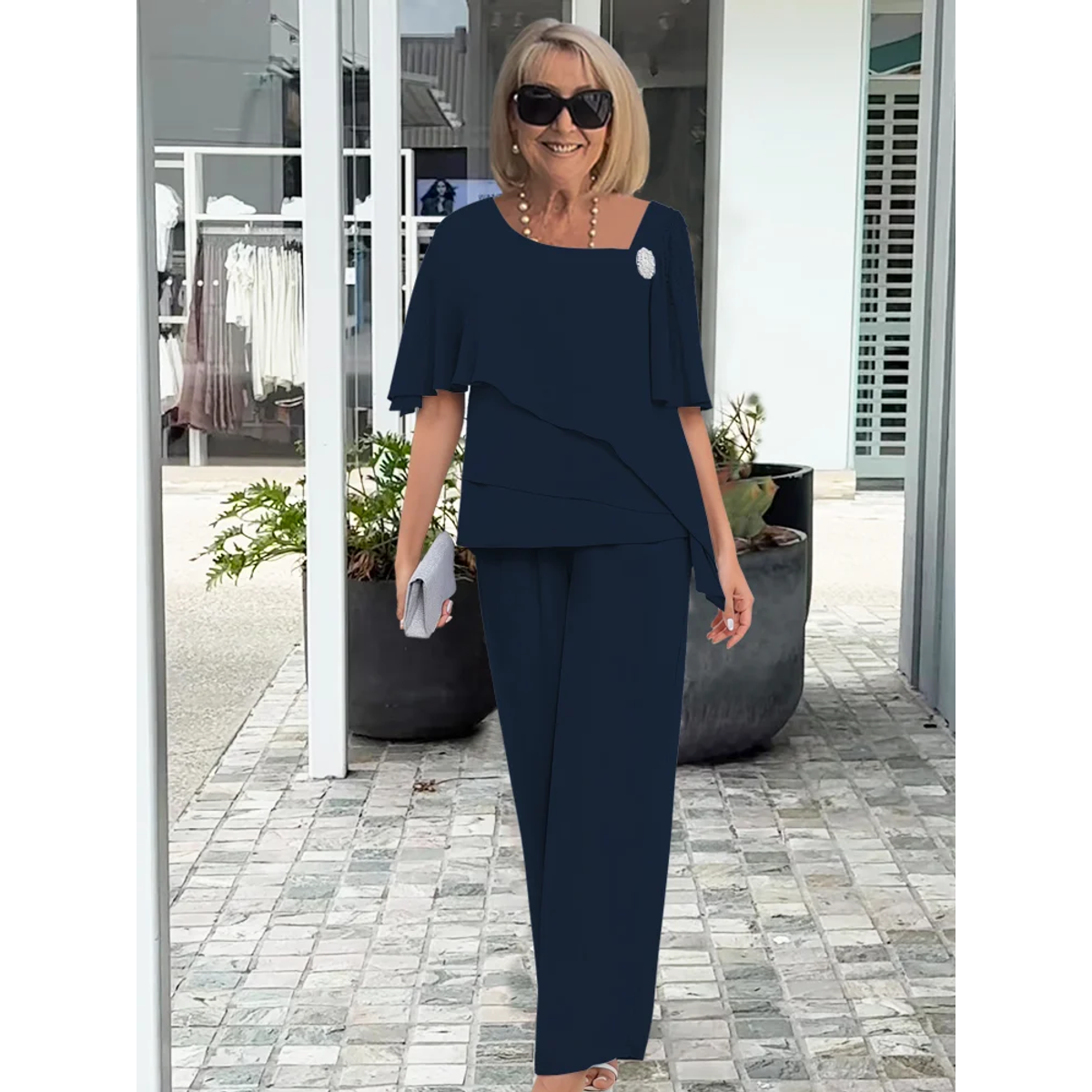 Navy Women's Two-Piece Set Overlay Top and Straight-Leg Trousers 3