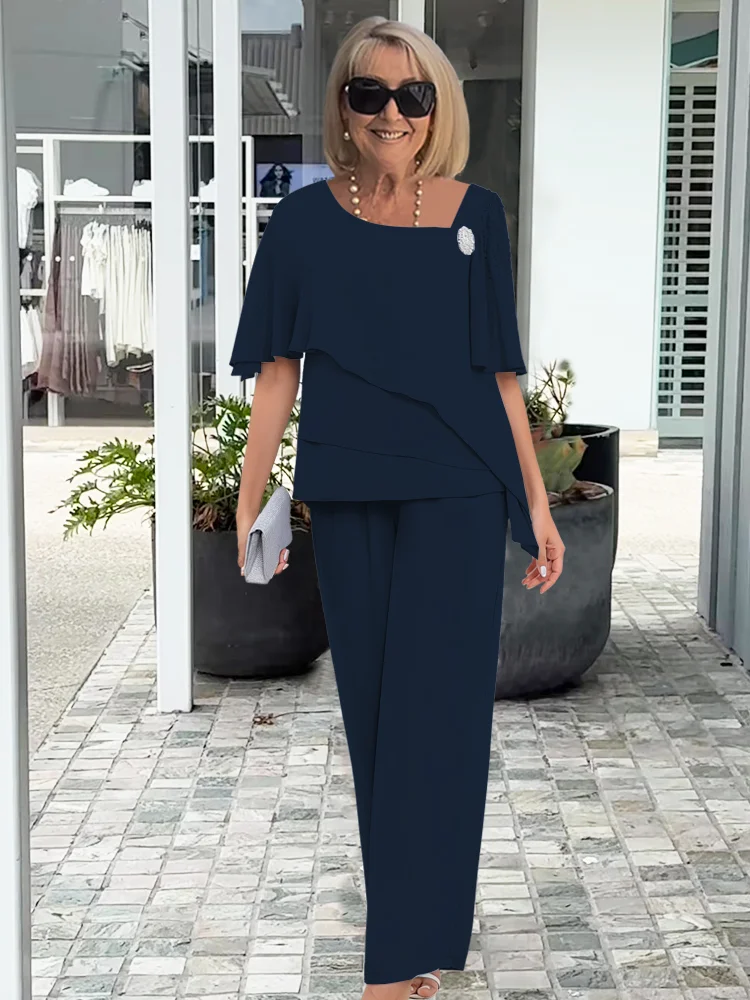 Navy Women's Two-Piece Set Overlay Top and Straight-Leg Trousers 3