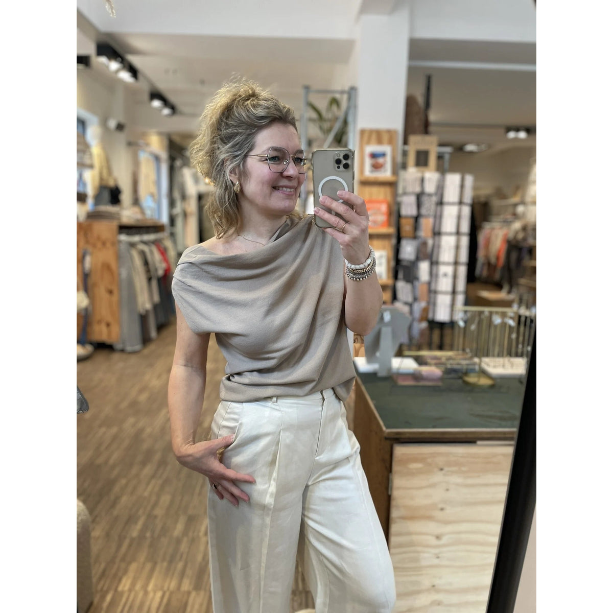Off Shoulder Top Women Taupe Relaxed Fit Stretch Fabric Chic 0
