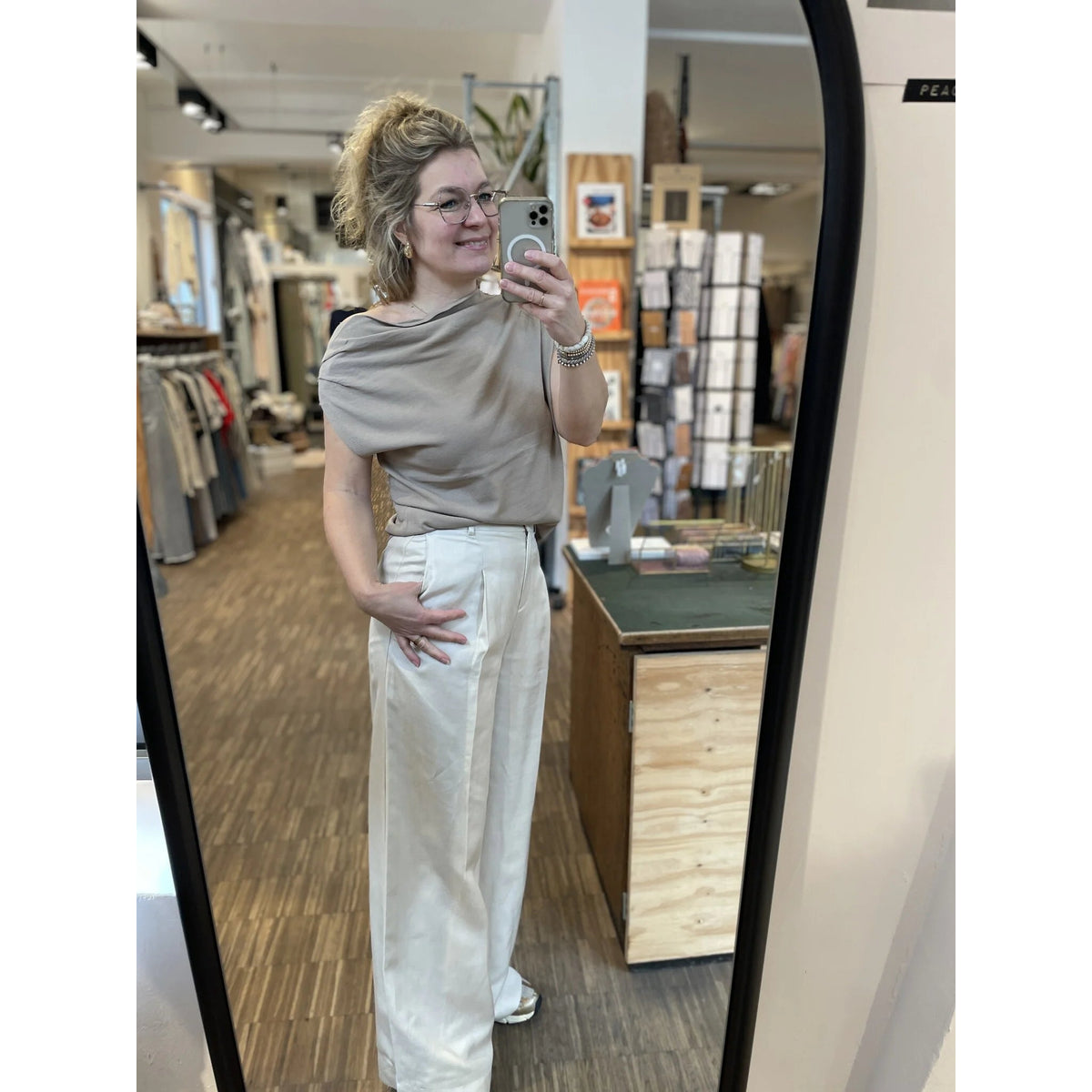 Off Shoulder Top Women Taupe Relaxed Fit Stretch Fabric Chic 4