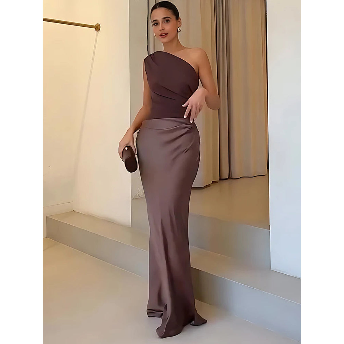 One-Shoulder Satin Maxi Dress Elegant Evening Wear for Women 0