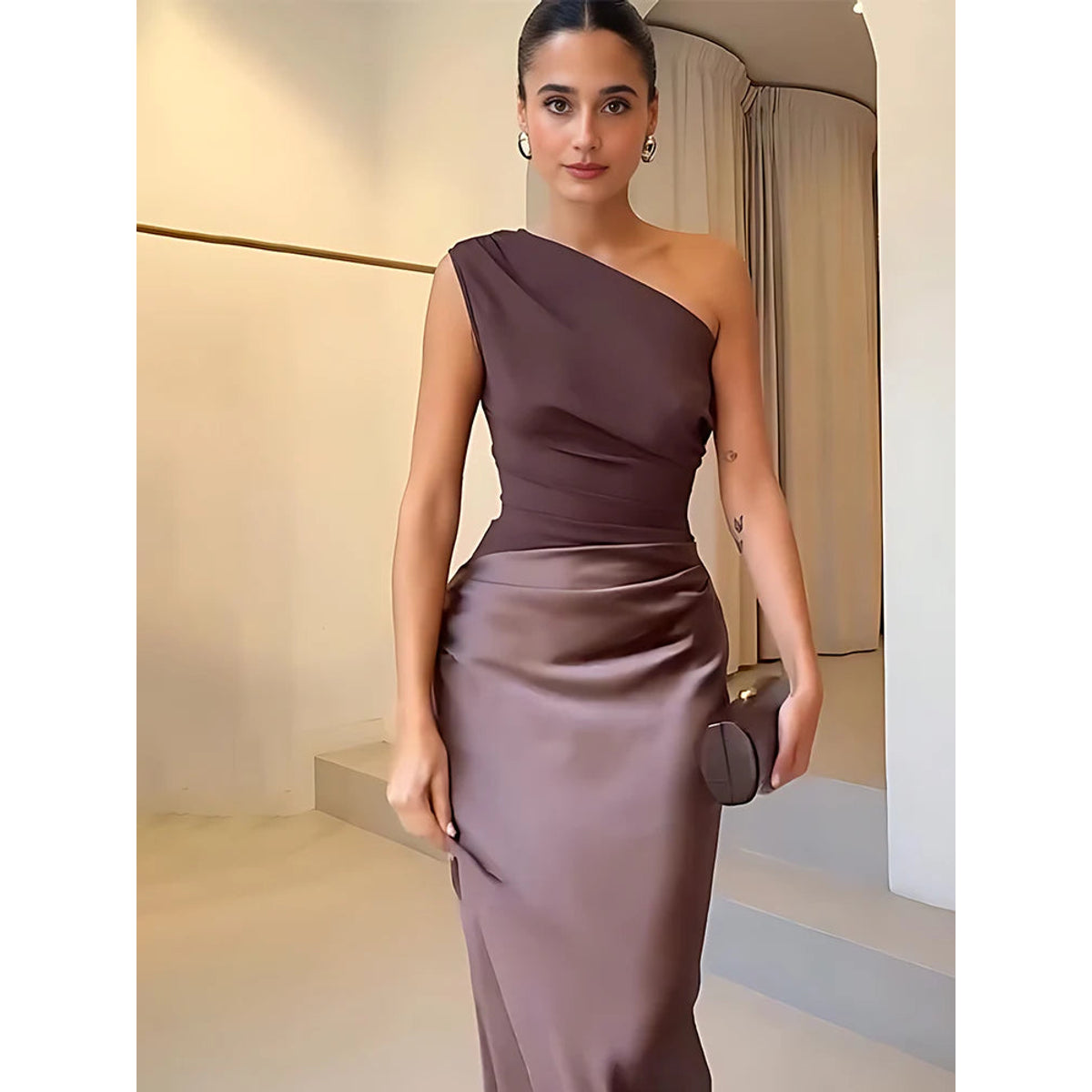 One-Shoulder Satin Maxi Dress Elegant Evening Wear for Women 1