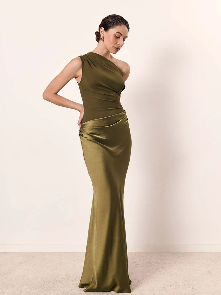One-Shoulder Satin Maxi Dress Elegant Evening Wear for Women 3