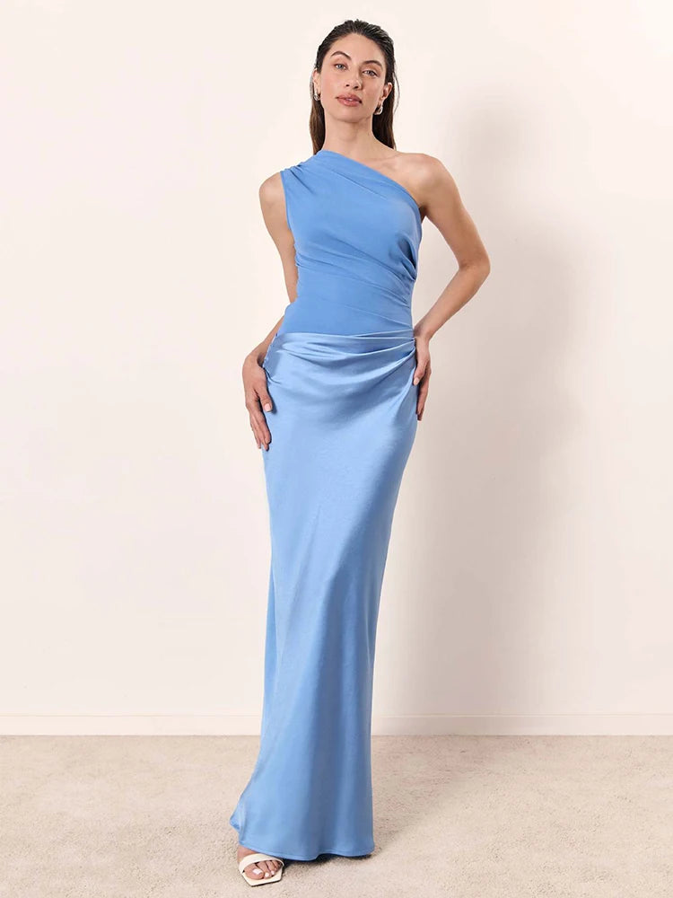One-Shoulder Satin Maxi Dress Elegant Evening Wear for Women 4