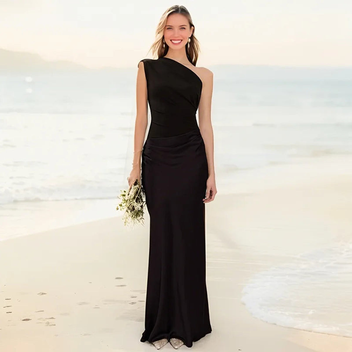 One-Shoulder Satin Maxi Dress Elegant Evening Wear for Women 5
