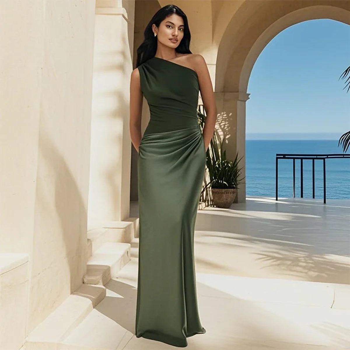 One-Shoulder Satin Maxi Dress Elegant Evening Wear for Women 6