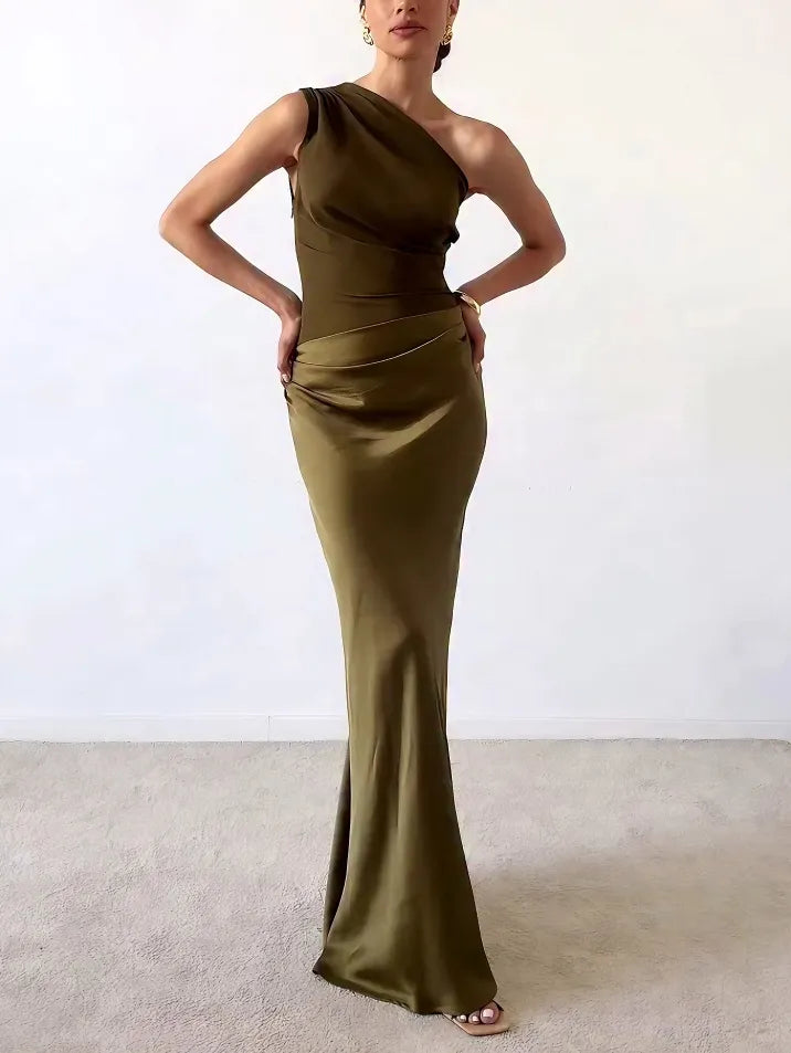 One Shoulder Neck Pleated Black Maxi Dress Elegant Long Dress for Women 1