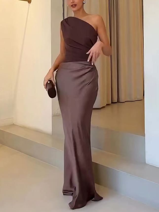 One Shoulder Neck Pleated Black Maxi Dress Elegant Long Dress for Women 5
