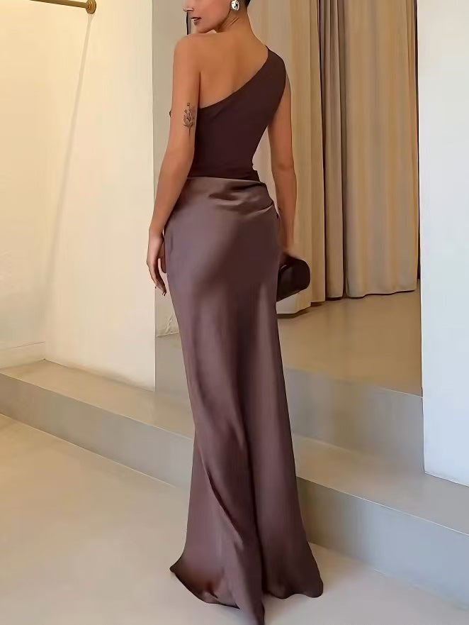 One Shoulder Neck Pleated Black Maxi Dress Elegant Long Dress for Women 6