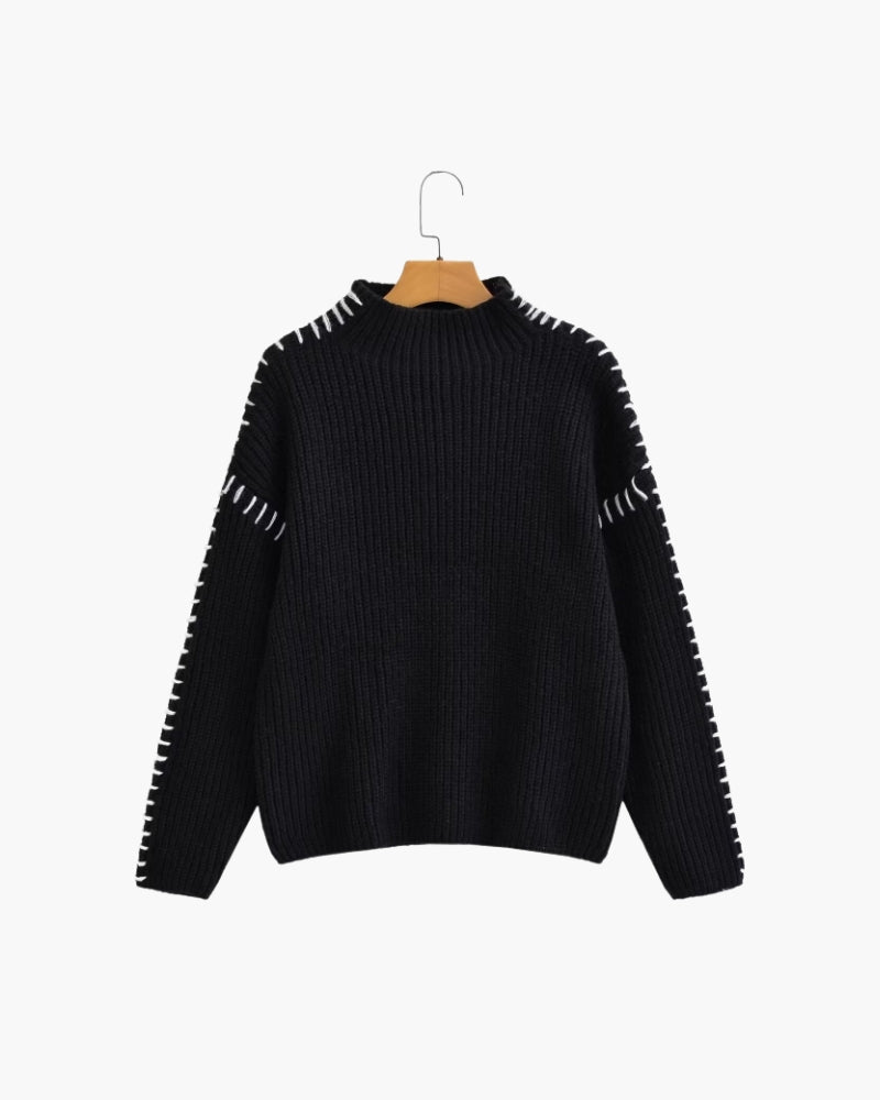 Oversized Black Sweater for Women White Stitch Detailing Casual Chic 0