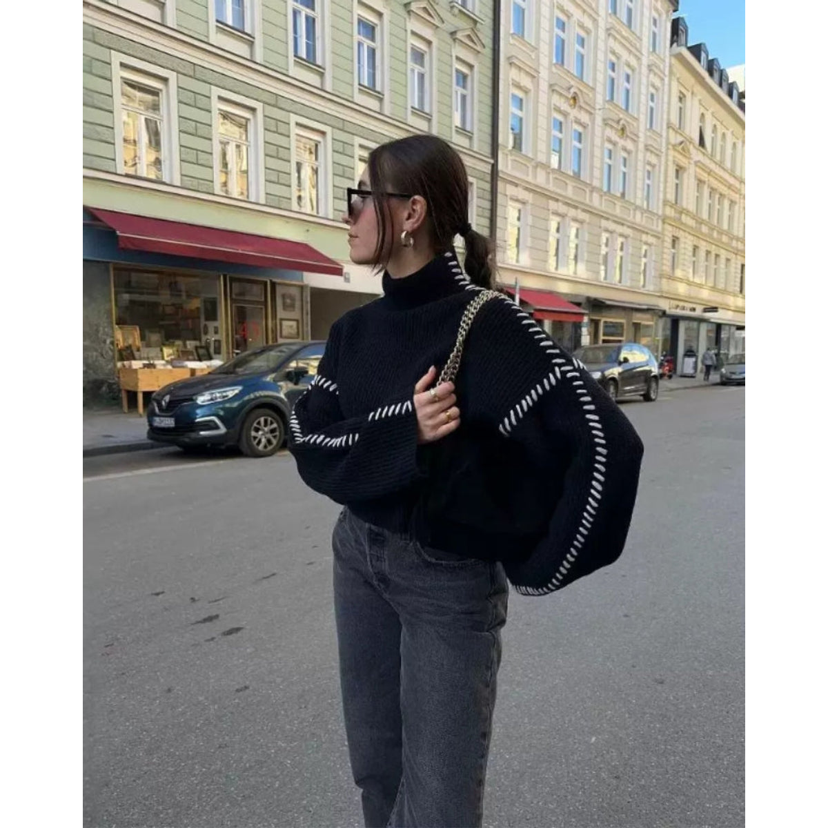 Oversized Black Sweater for Women White Stitch Detailing Casual Chic 1