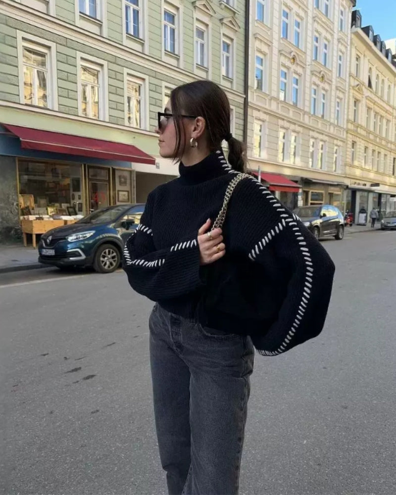 Oversized Black Sweater for Women White Stitch Detailing Casual Chic 1