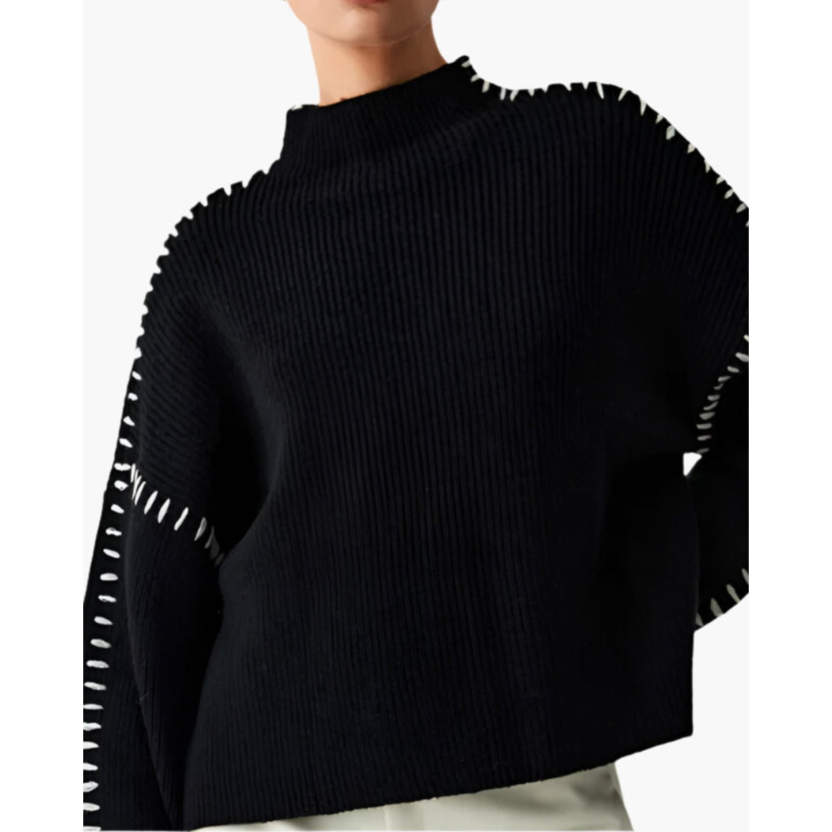 Oversized Black Sweater for Women White Stitch Detailing Casual Chic 2