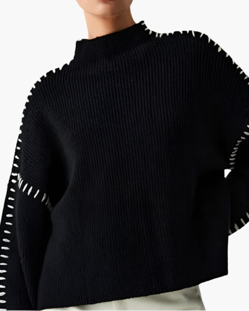 Oversized Black Sweater for Women White Stitch Detailing Casual Chic 2