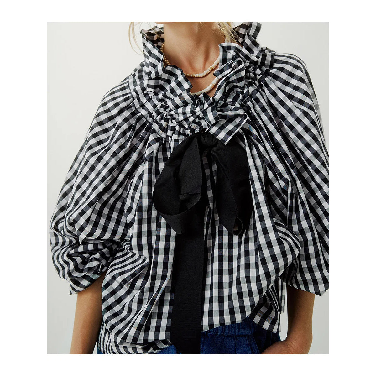 Oversized Cotton Blouse with Ruffled Collar and Bow Tie Women's Chic 1