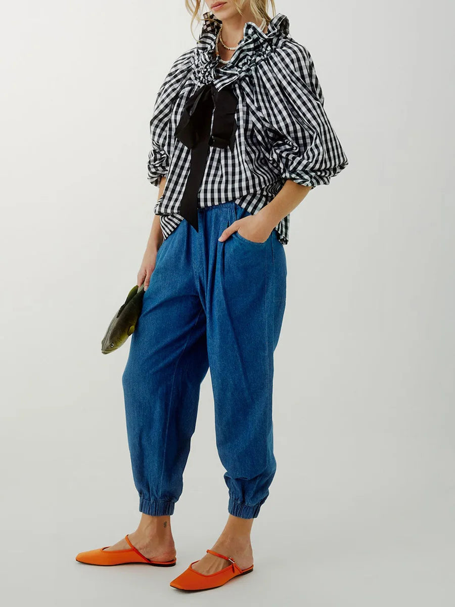 Oversized Cotton Blouse with Ruffled Collar and Bow Tie Women's Chic 2