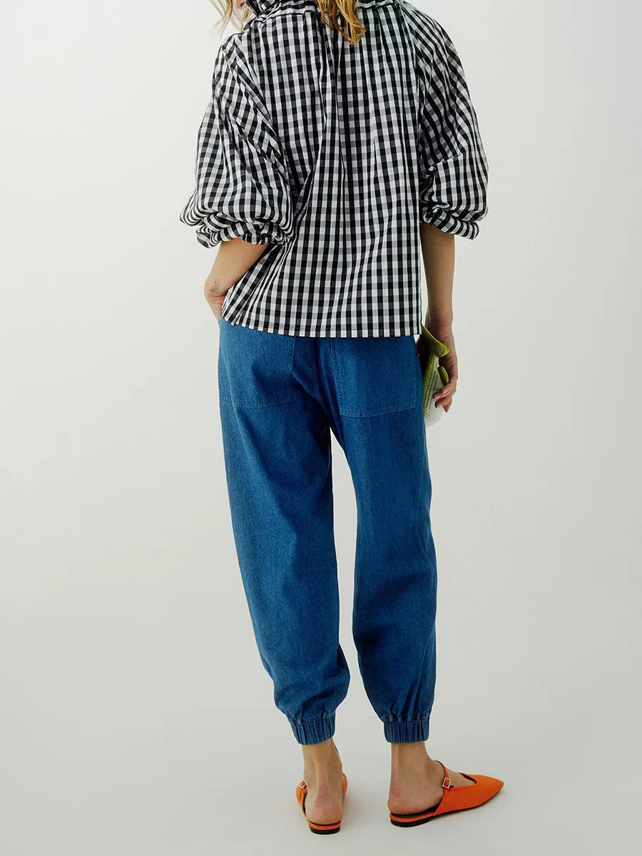 Oversized Cotton Blouse with Ruffled Collar and Bow Tie Women's Chic 3