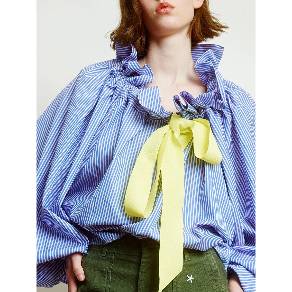 Oversized Cotton Blouse with Ruffled Collar and Bow Tie Women's Chic 4