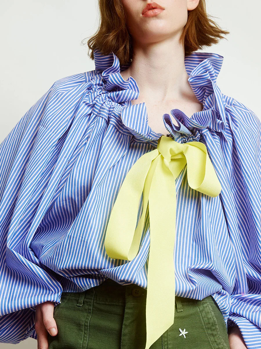 Oversized Cotton Blouse with Ruffled Collar and Bow Tie Women's Chic 4