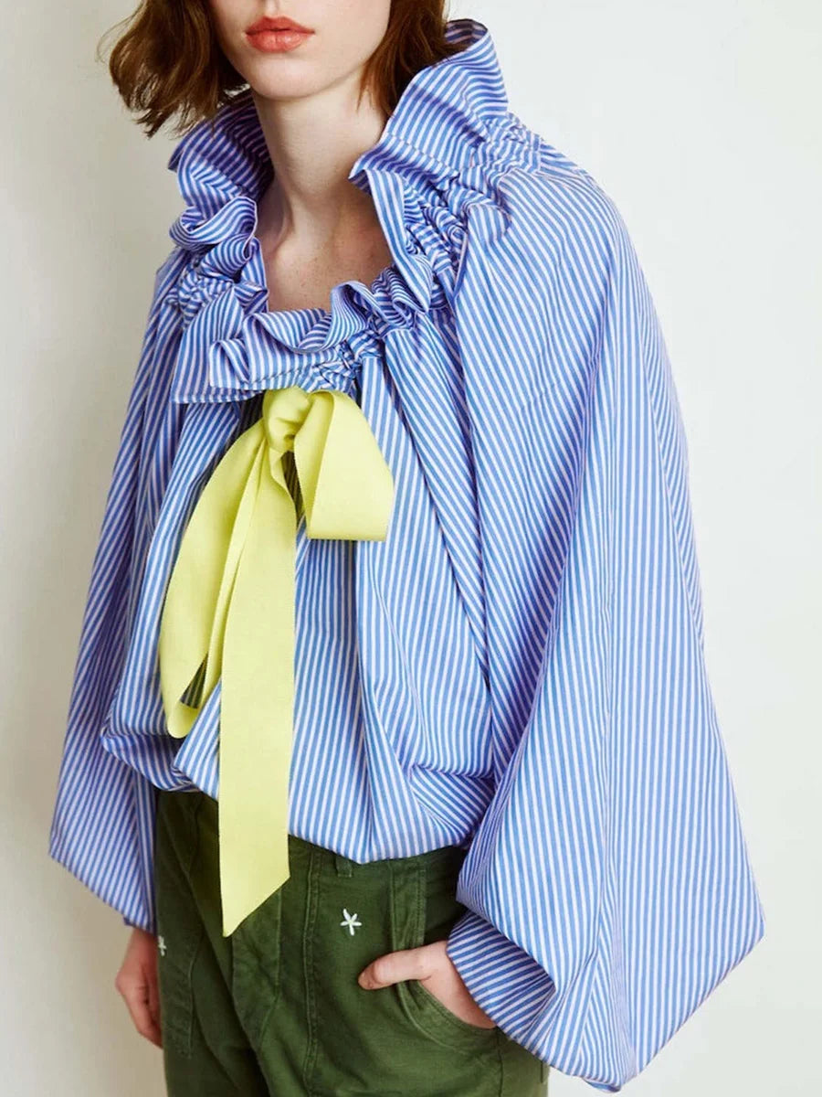 Oversized Cotton Blouse with Ruffled Collar and Bow Tie Women's Chic 5