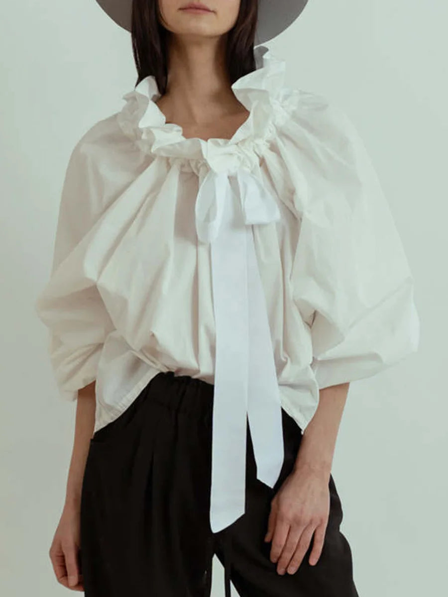 Oversized Cotton Blouse with Ruffled Collar and Bow Tie Women's Chic 6
