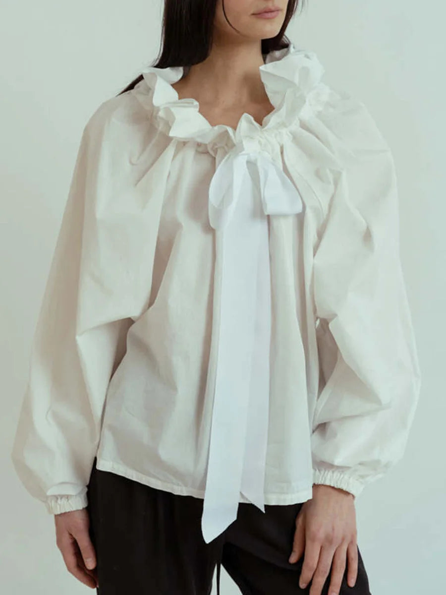 Oversized Cotton Blouse with Ruffled Collar and Bow Tie Women's Chic 7