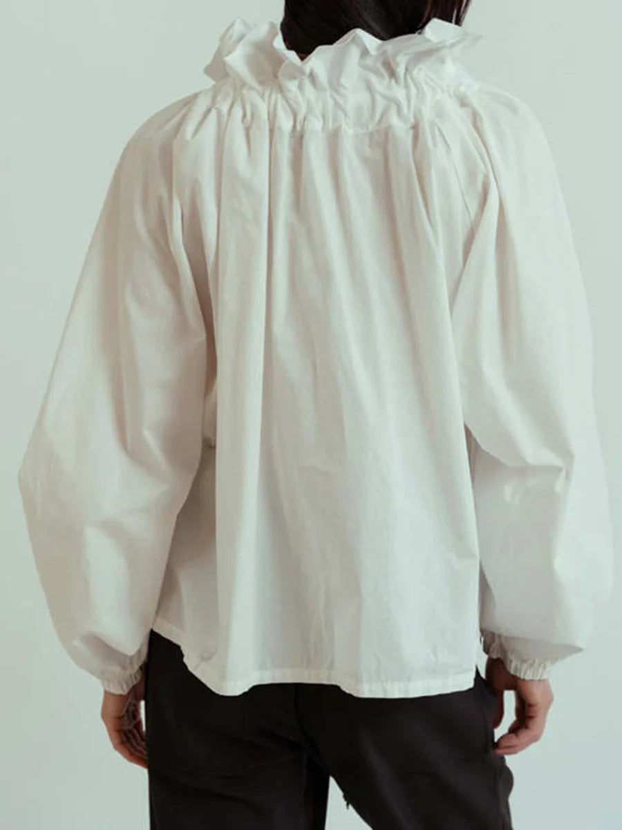 Oversized Cotton Blouse with Ruffled Collar and Bow Tie Women's Chic 8