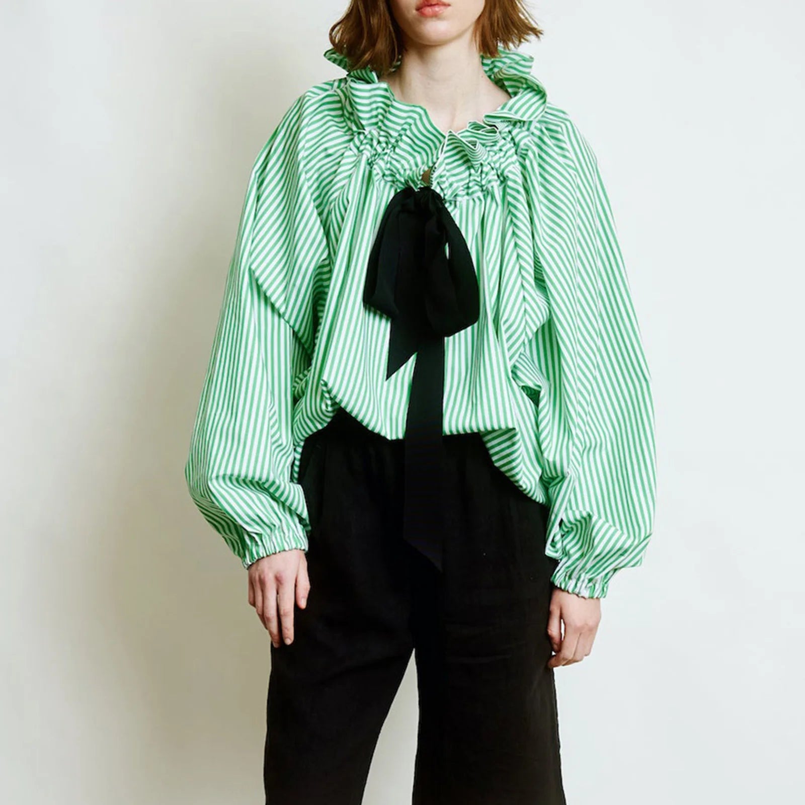 Oversized Cotton Blouse with Ruffled Collar and Bow Tie Women's Chic 9