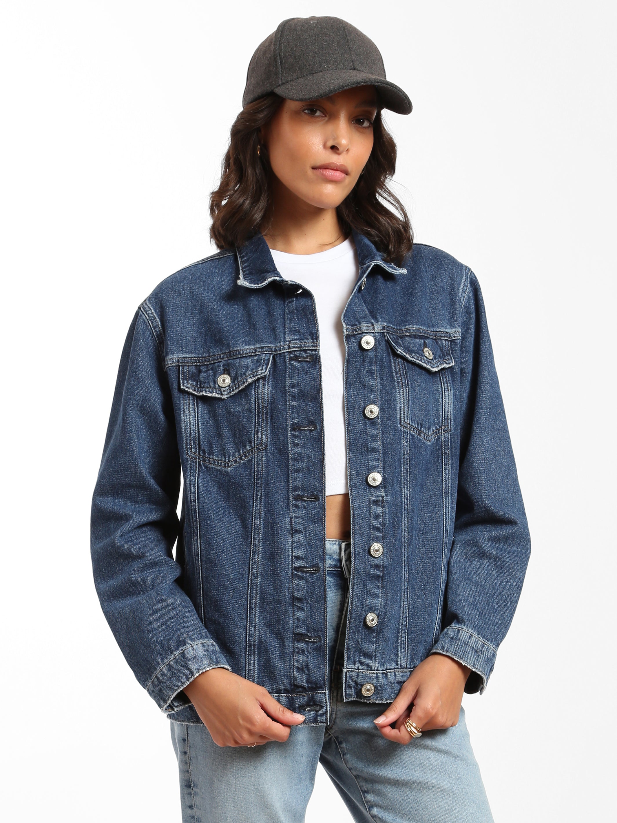 Oversized Denim Jacket Women Dark Denim Retro Casual Style 0