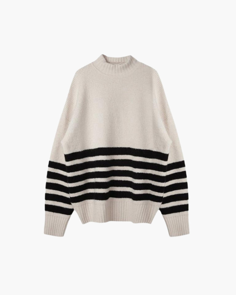 Oversized Stripe Sweater Women Cream Black Nautical Style Casual 0