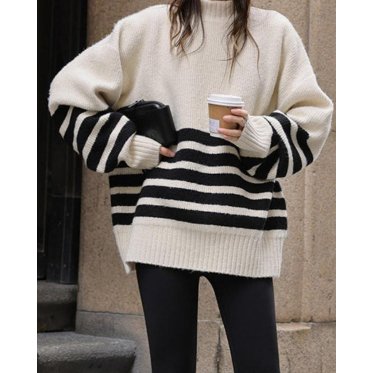 Oversized Stripe Sweater Women Cream Black Nautical Style Casual 1