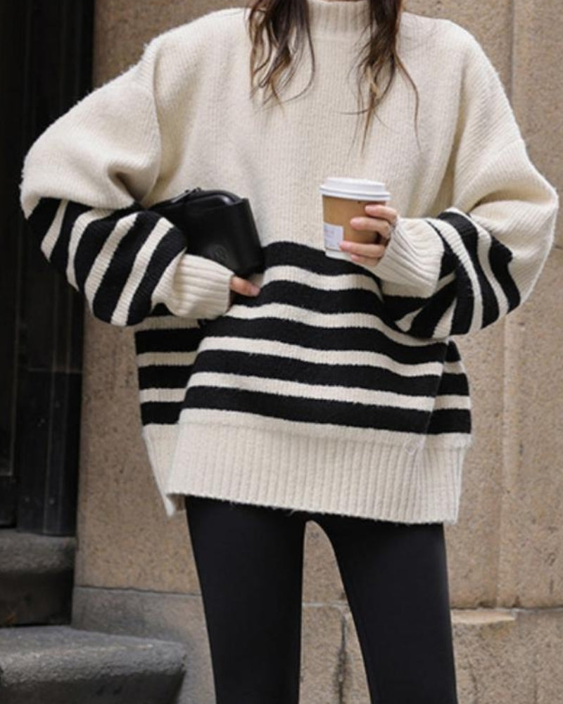Oversized Stripe Sweater Women Cream Black Nautical Style Casual 1