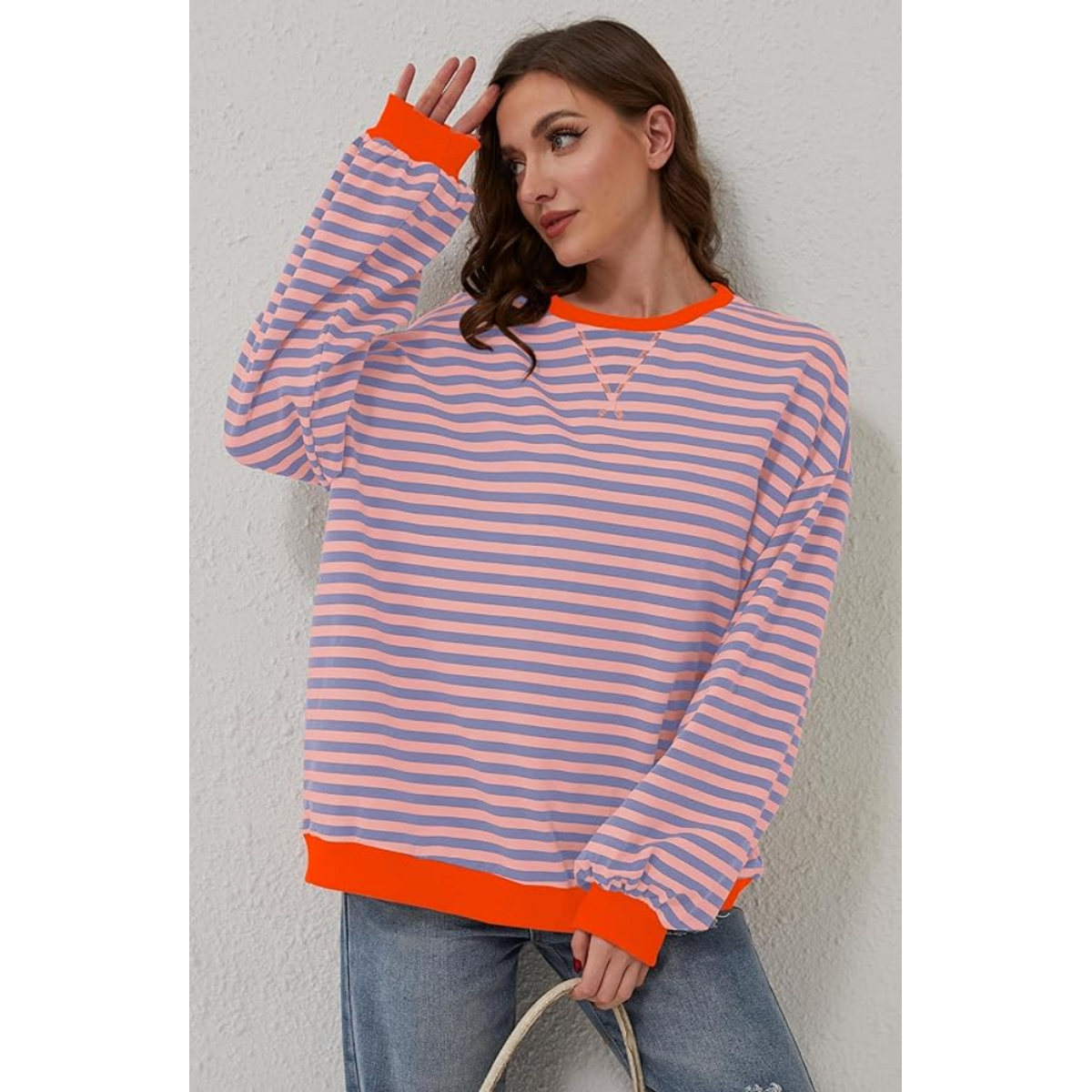 Oversized Sweatshirt Women Striped Casual Chic Design Soft Fabric 9