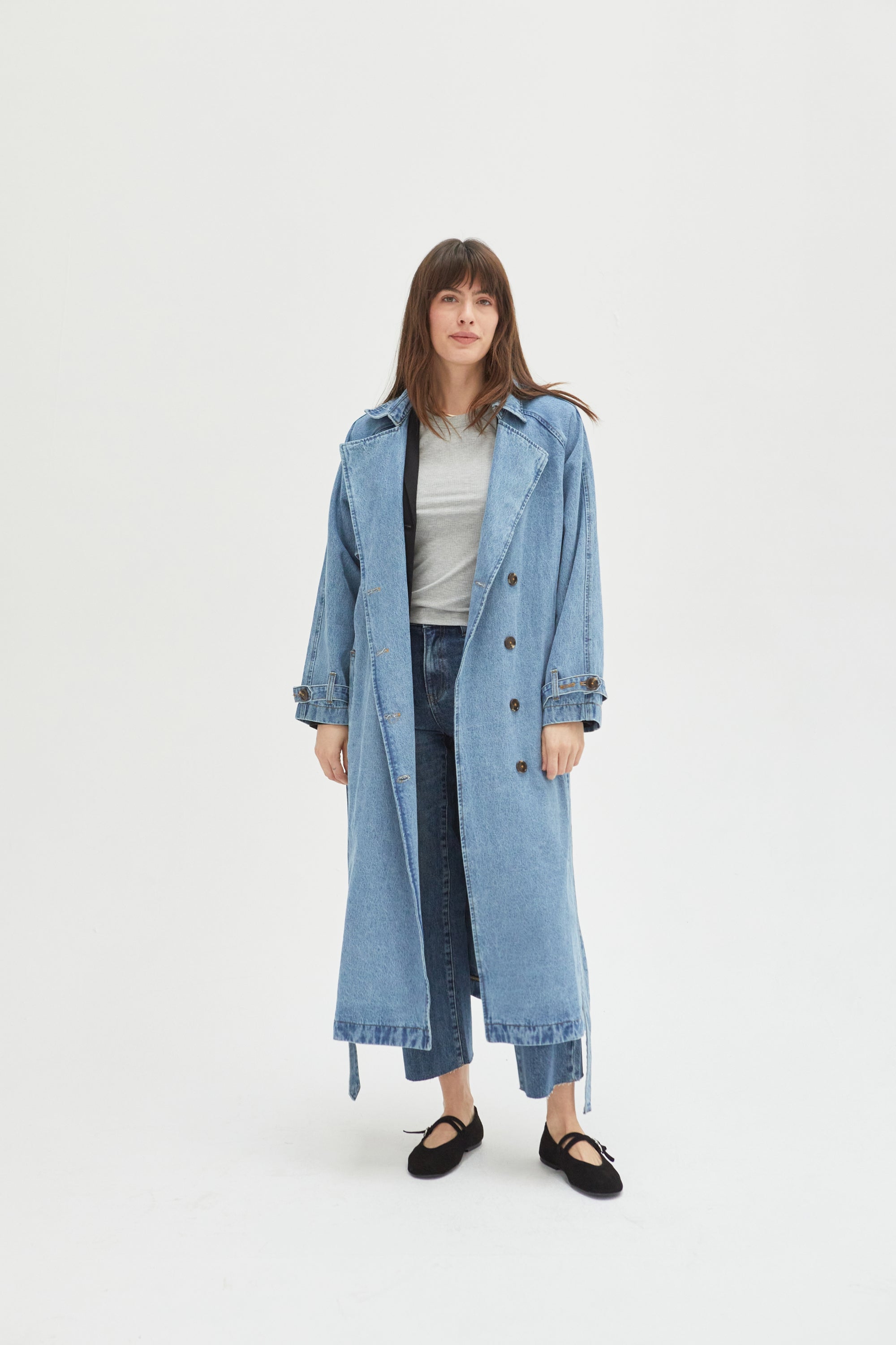 Oversized Trench Coat Women Indigo Rinse Double-Breasted Denim Casual 0
