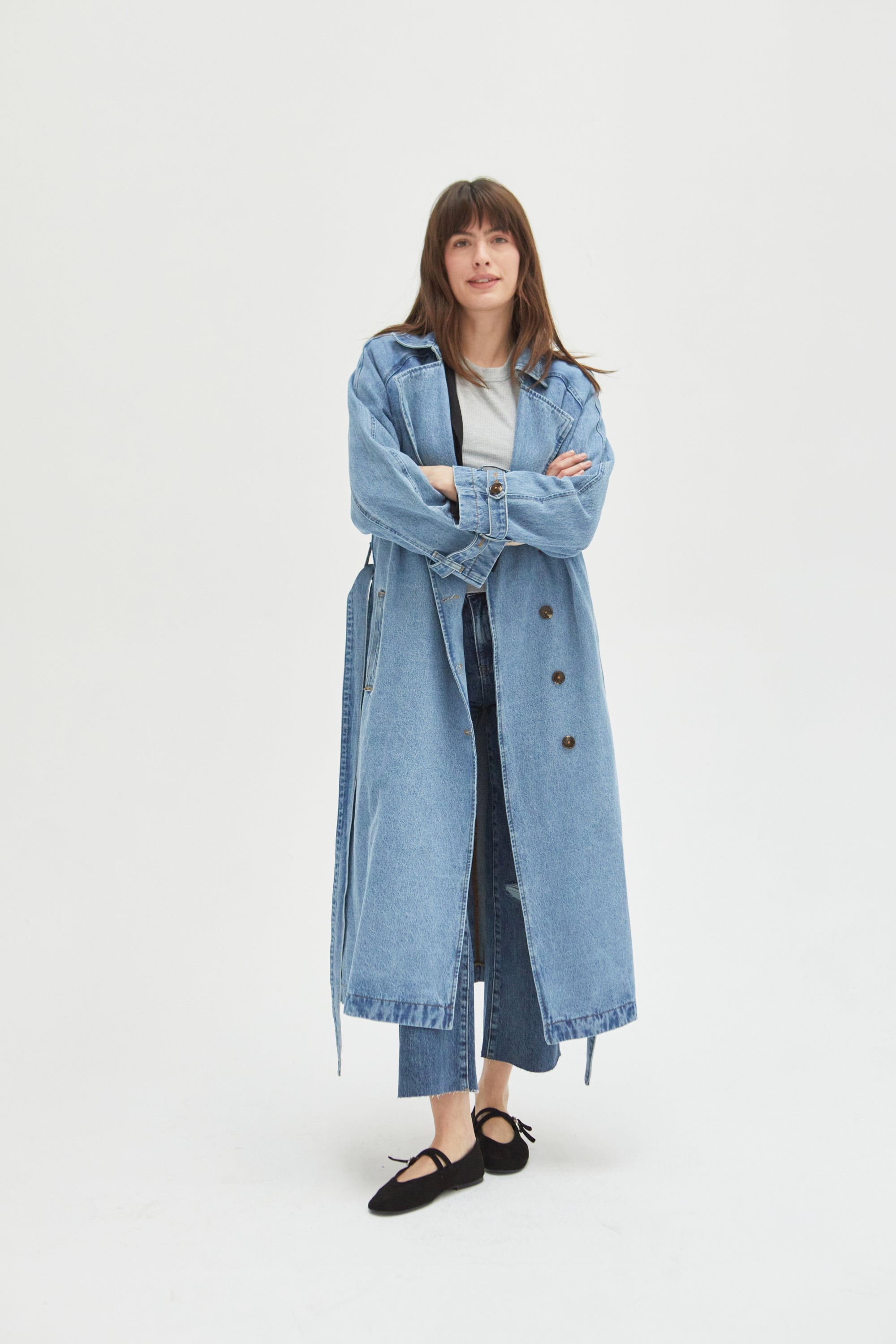 Oversized Trench Coat Women Indigo Rinse Double-Breasted Denim Casual 1