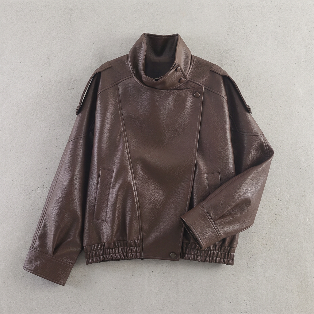 Pebble Leather Jacket Women Long Sleeve Motorcycle Style Casual Fashion 1