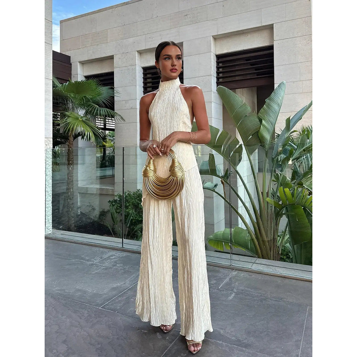 Pleated Set Women's Two Piece Sets Halter Neckline Wide-Leg Chic 0