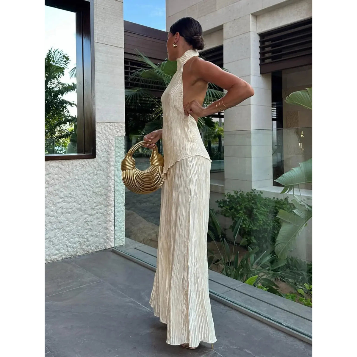 Pleated Set Women's Two Piece Sets Halter Neckline Wide-Leg Chic 1