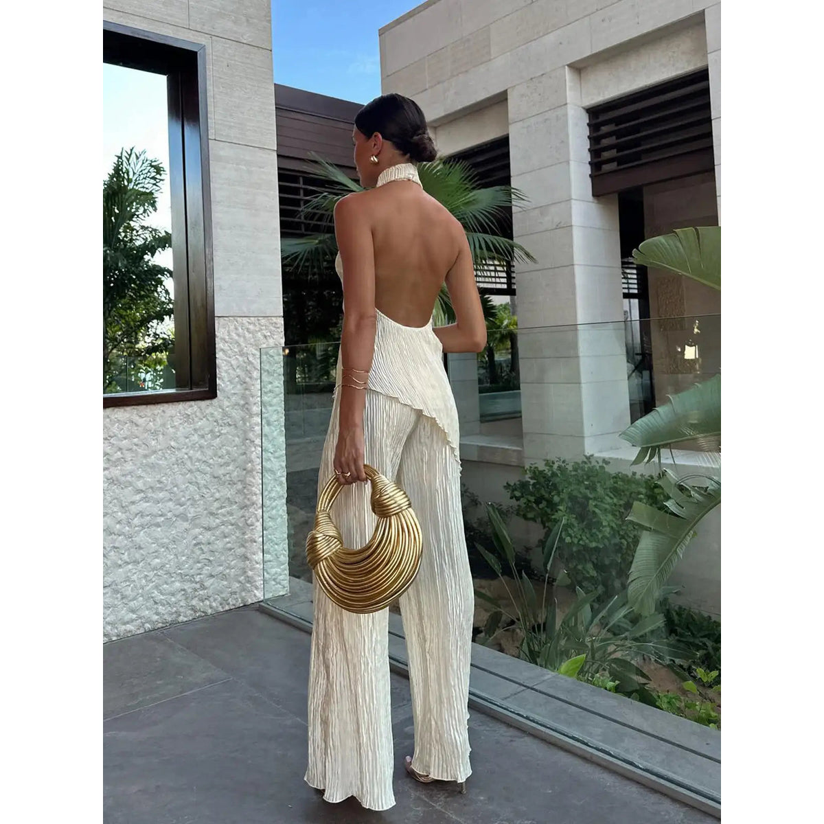 Pleated Set Women's Two Piece Sets Halter Neckline Wide-Leg Chic 3